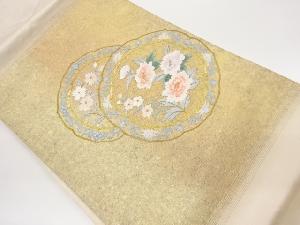 引箔金駒刺繍花々模様名古屋帯